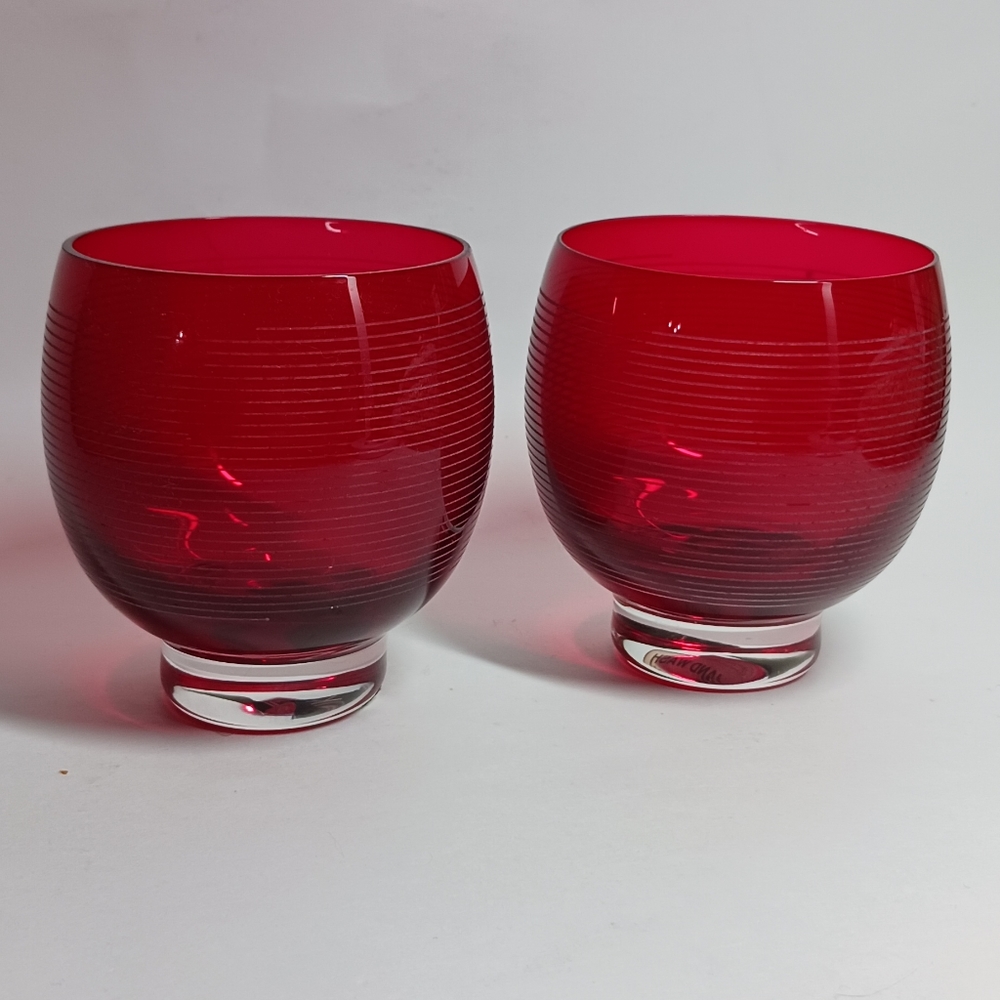 MIKASA Red VOTIVE Holders Set~ "Cheers" Clear Base~ Etched Glass
